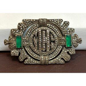 Antique Sterling Silver Art Deco VTG Maracasite Green Glass Initial Brooch MCF